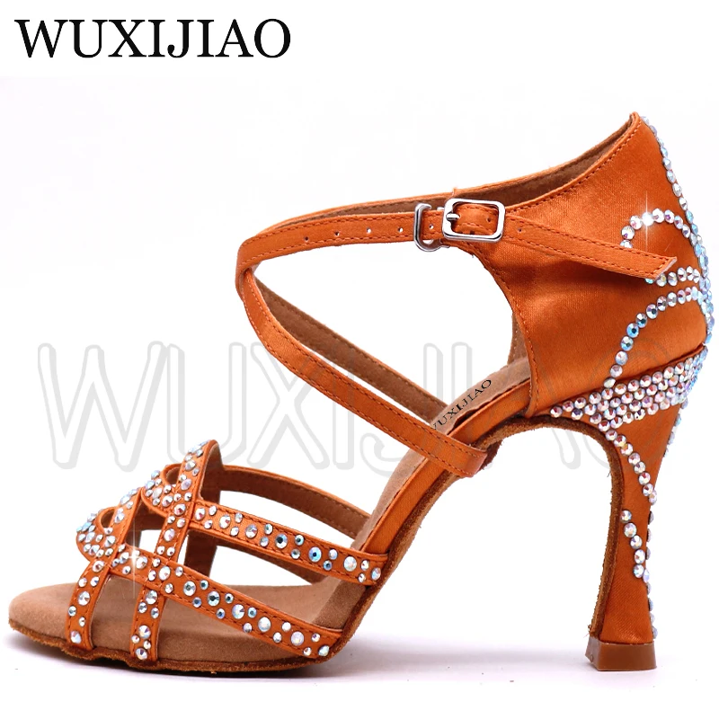 WUXIJIAO Ladies Latin dance shoes with Brown satin rhinestone style high heels salsa dancing shoes Comfortable soft heel 9cm