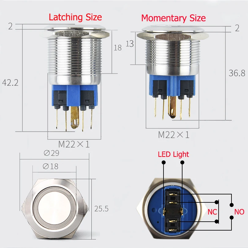 Metal Push Button Switch Latching, Self-Locking, Momentary, Self-Reset, Ring Cap, Waterproof, Stainless Steel, 1NO1NC, 22mm 110V