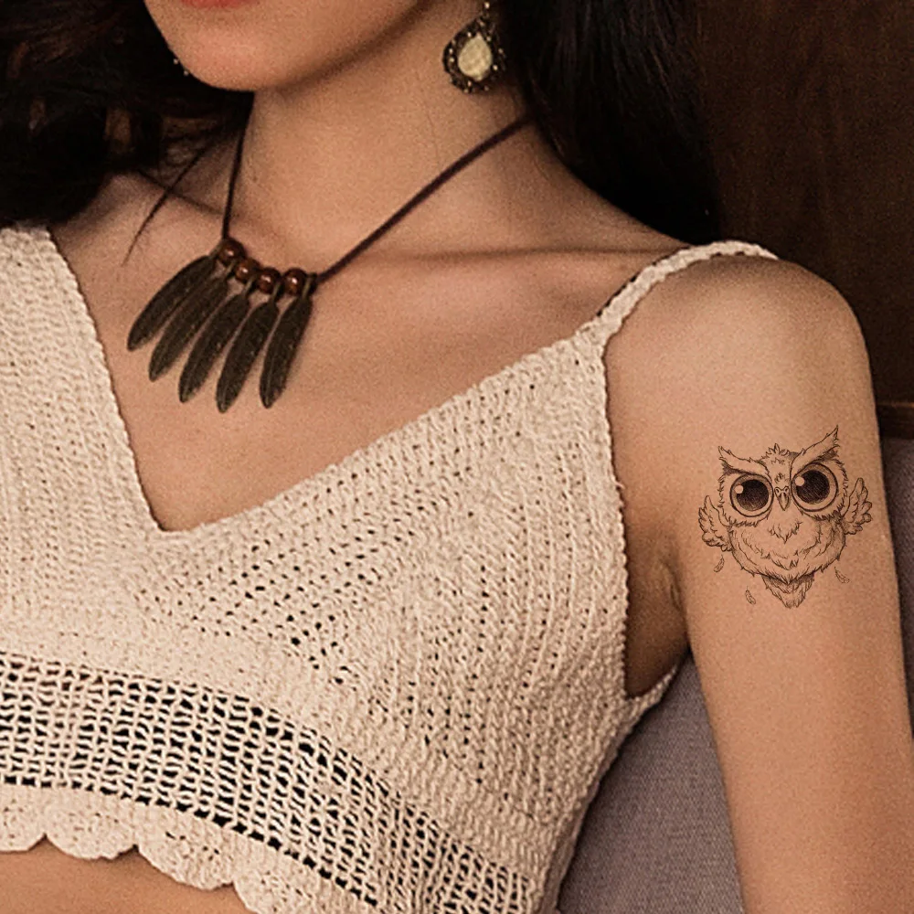 Cute Lovely Small Owl Feather Angel Arm Cartoon Tattoos Stickers Women Children Custom Tattoo Temporary Body Art Black Tatoos