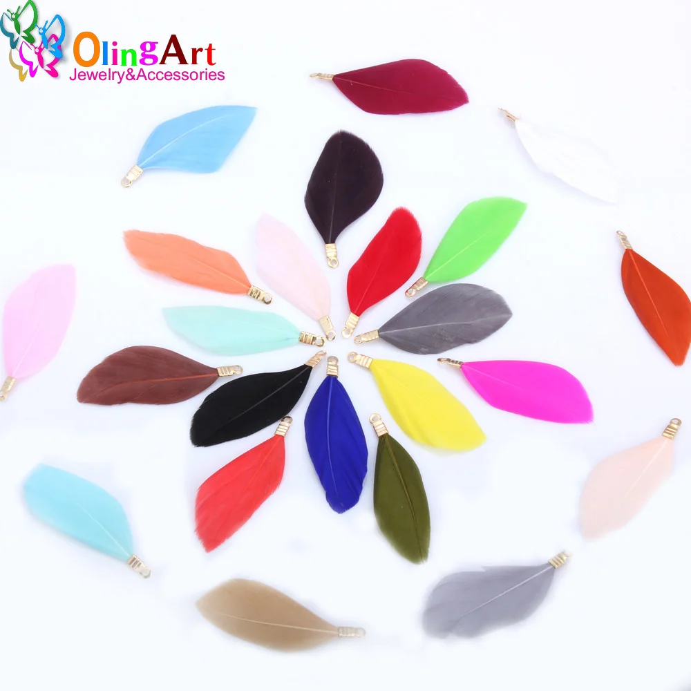 OlingArt Natural Feathers Multicolor 35MM 10pcs/Lot Golden Metal Clips DIY Necklace Earring Jewelry Making Straps Pendants