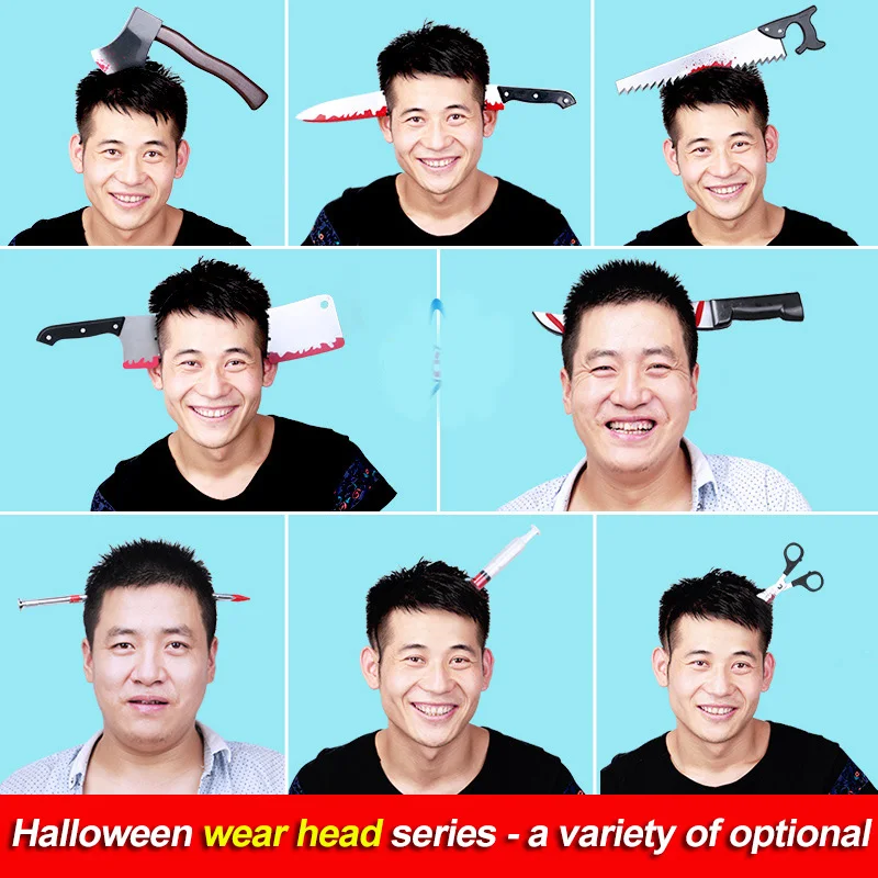 Halloween props strange funny terrorist tricky props wear head axe nail trick