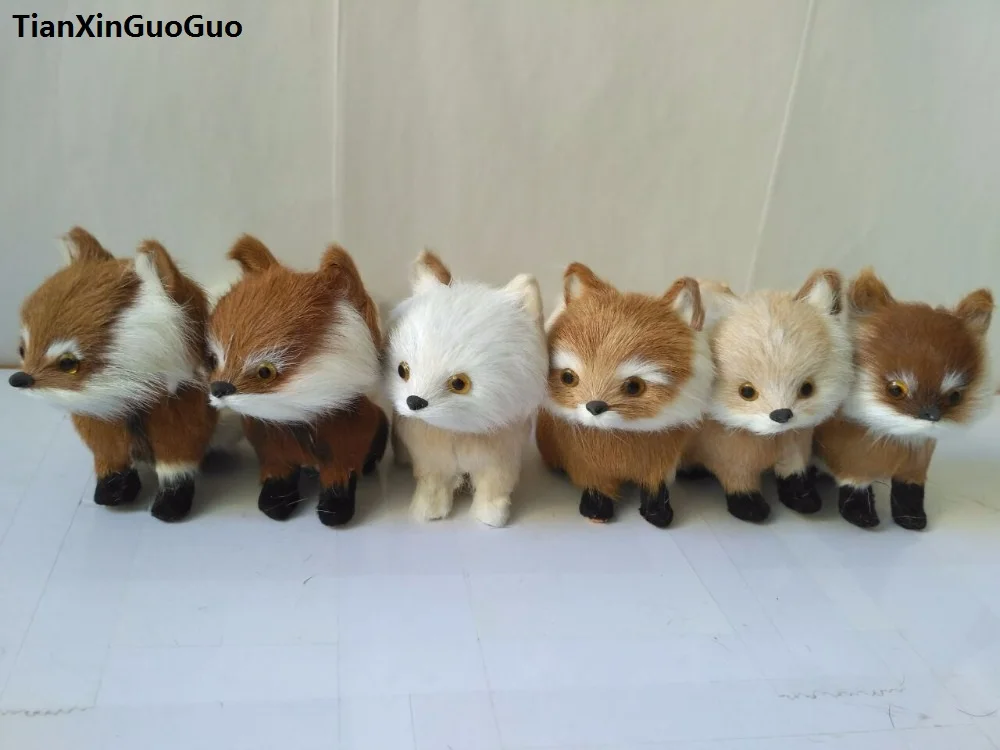 coloured squatting fox hard model polyethylene&mixed furs fox about 13x9cm ,one lot/ 6 pieces home decoration gift s1720