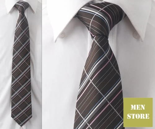 Dark Coffee White Plaid Stripes Men 100% Jacquard Woven Silk Handmade 3