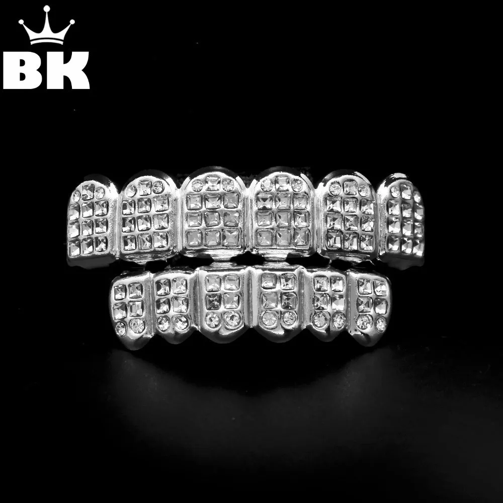 Hip Hop White Gold Plated Teeth Grillz Set Men Punk Top Bottom Tooth Bling CZ Stones Iced Out Joker Rapper Jewelry Cosplay Party