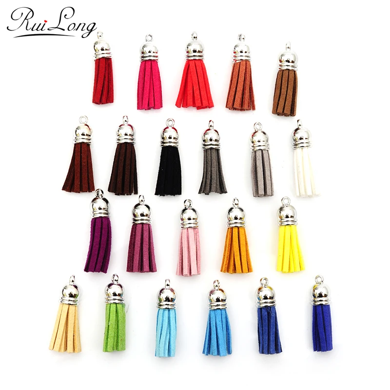 10pcs/lot 38mm Full Leather Tassels silver Caps Suede Tassel For Keychain Cellphone Straps Charms multicolor mixed