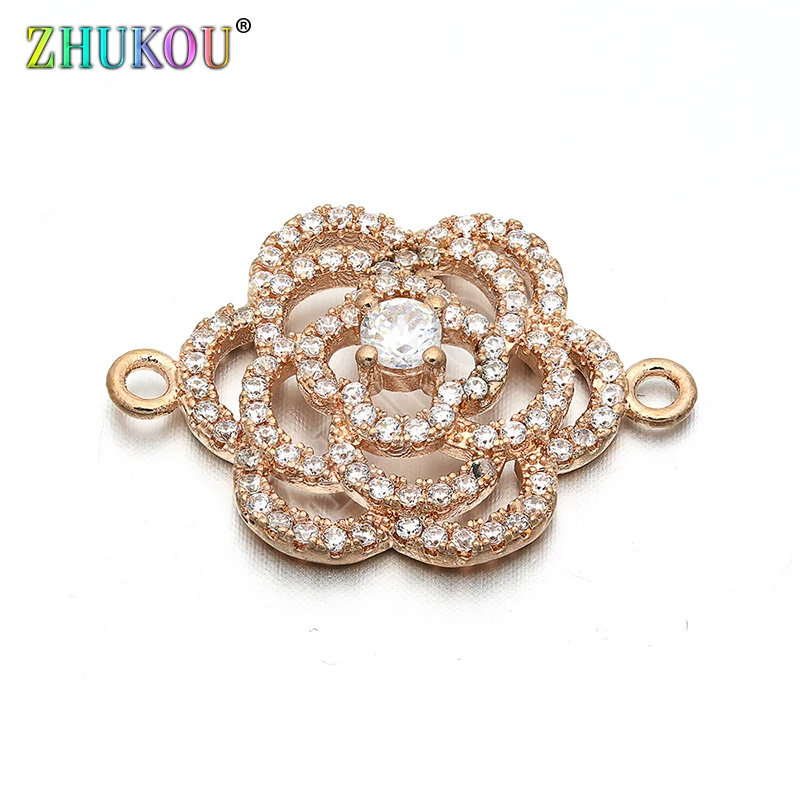 18*25mm Brass Cubic Zirconia Crystal Flower Charms Connectors for Diy Jewelry Findings, Hole: 1.6mm, Model: VS46