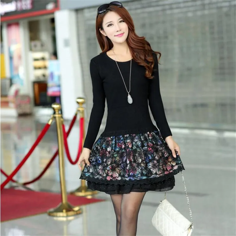 Knit Sweater Dress Women\'s 2022 Autumn Winter New Lace Stitching Fake Two Pieces Mini Dress Diamond Slim Female Pullover Tops
