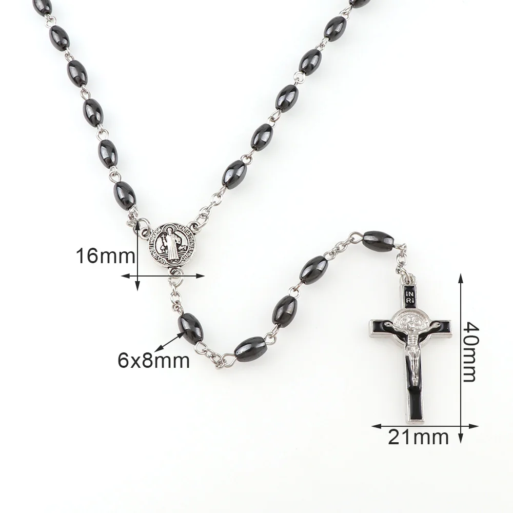 Oval Hematite Bead Catholic Rosary Pendant Necklace Alloy Cross Jesus Cross Pendant Benedict Connectors Religious Necklaces