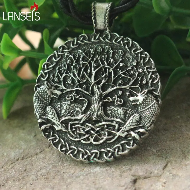 lanseis 1pcs Two wolves sigil commissioned Celt wolf pendant two wolves tree of life and world tree jewelry viking men necklace