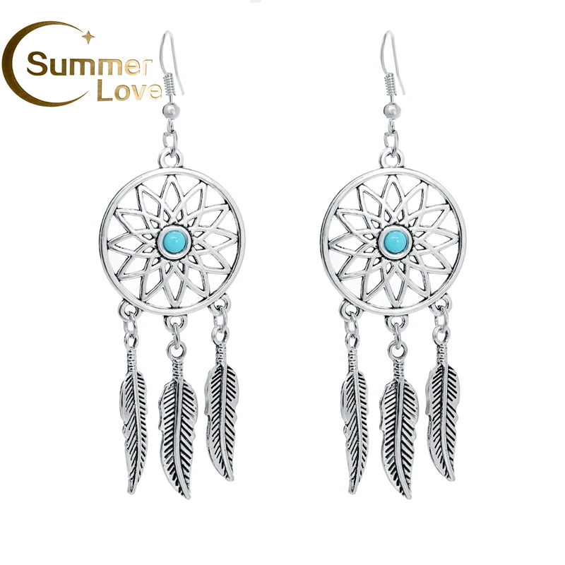 Fashion Hollow Dream Catcher Earrings For Women Silver-Plated Feather Dangle Long Earrings Pendientes Hanging Earrings Brincos