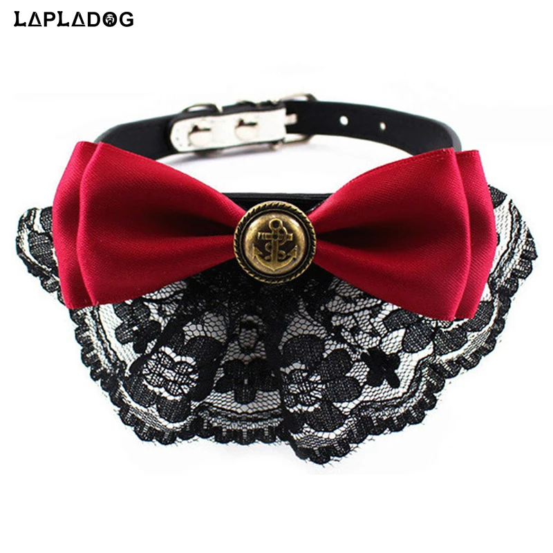 LAPLADOG 5 Pcs/Lot High Quality PU Leather Small Dog Collar Adjustable Bowknot Puppy Lead Lace Dog Collars Harness 3 Color ZL367