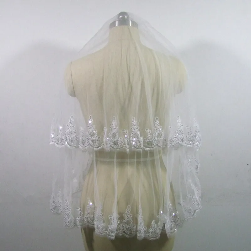 Véu de noiva com duas camadas, renda curta com pente