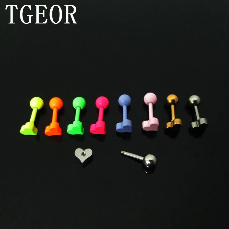 free shipping Hot  Charm titanium plated colors 30pcs 1.2*6*4/5mm heart surgical Stainless Steel ear tragus piercing earring