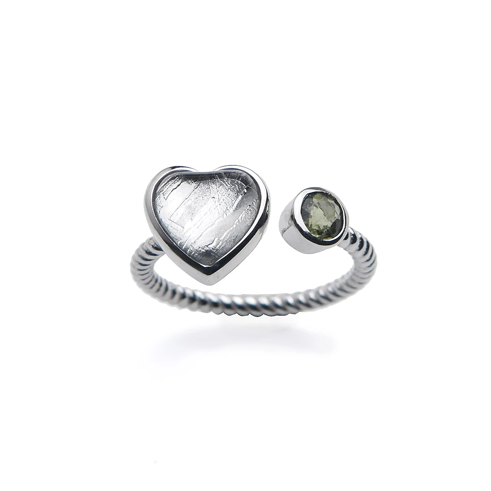 Natural Gibeon Iron Meteorite Women Men Adjustable Ring 10mm Heart Silver Meteorite Moldvite Heart  Jewelry Ring AAAAA