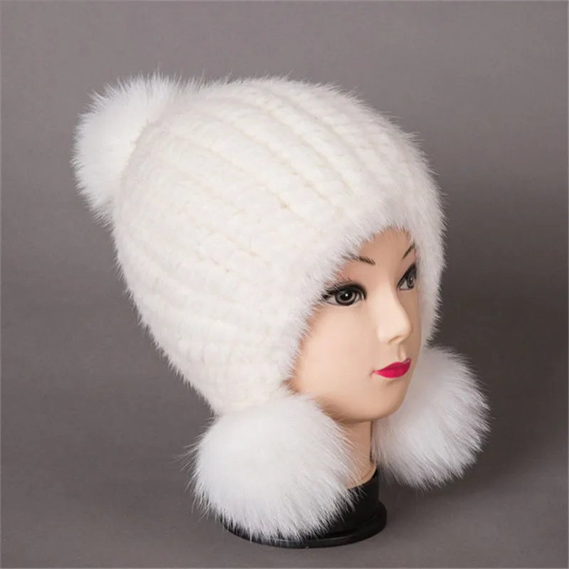 

Facshion Winter Solid Knit Real Fur Bomber Hats Women Mink Fur Caps Fox Fur Earmuffs Hast Ladies Ear Cuffs Hats