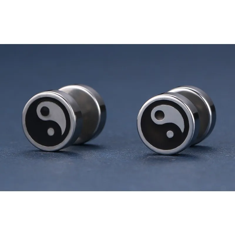 Vnox Chinese Yin and Yang Stud Earrings for Men Jewelry Stainless Steel Round Tai Chi brinco masculino