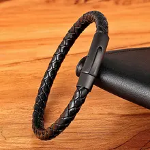 Men's Leather Bracelet Black Stainless Steel #5