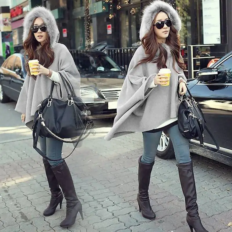 Fashion Cape Ponchos Women Autumn Batwing Cloak Coat Ladies Long Woolen Winter Hooded Coat Casual Overcoat High Quality Laipelar