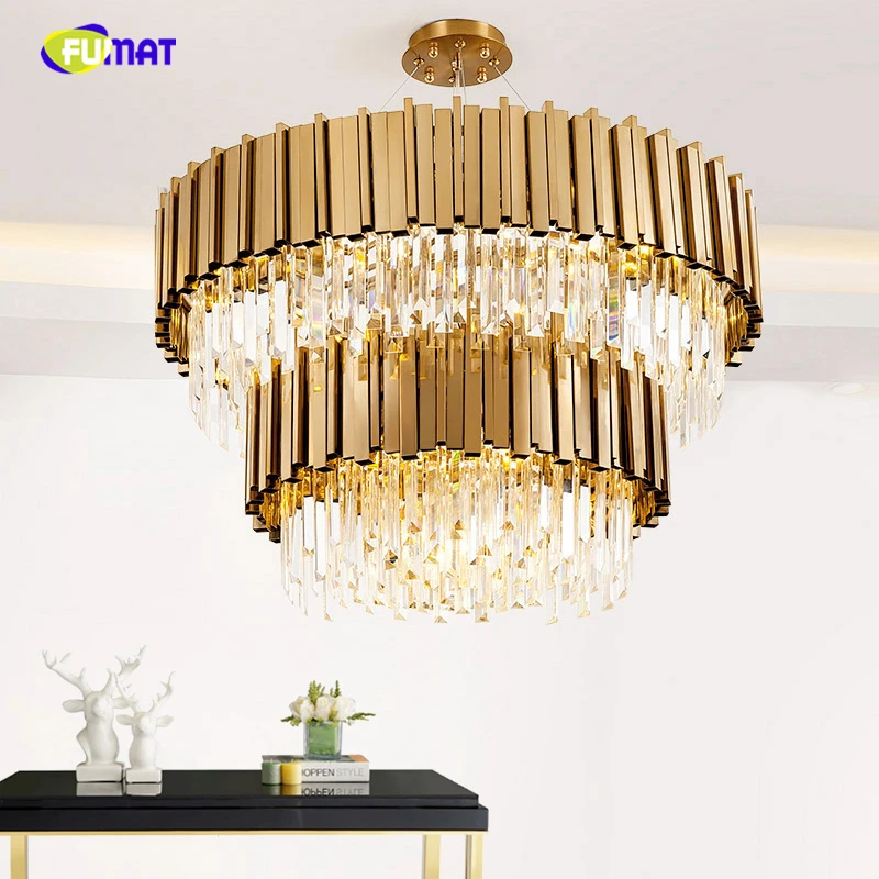 

FUMAT Luxury 2 Layers Crystals Chandelier Modern Gold Brushed Metal Body Lustre K9 Crystal Lights Hotel Living Room Chandeliers