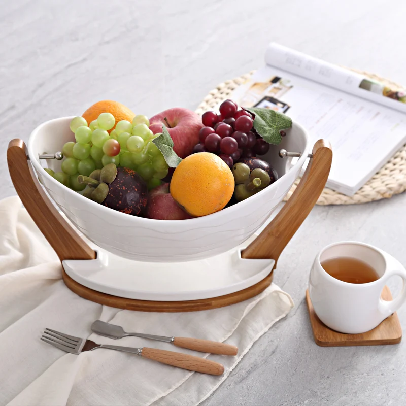 Ceramic Suspended Dinner Plate Decorative Porcelain Serving Bowl with Bamboo Rack Tableware Vessel Supplies for Fruit and Salad