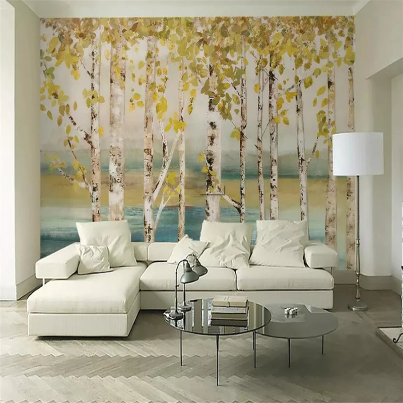 Nordic style birch wood oil painting TV background wall painting decorative painting