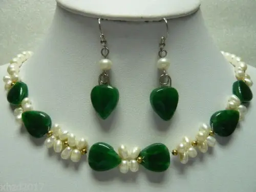 

charming white pearl & green heart love jade necklace /earring set^^^@^18K GP style Fine jewe Noble Natural jade (A0423)