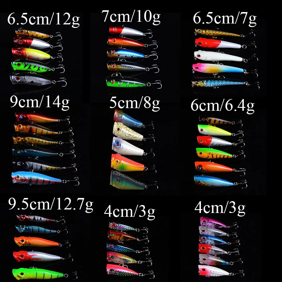 48Pcs/set Mixed Popper Fishing Lure Set Artificial Fishing Lure Kit Wobblers Minnow Crankbait Fishing Fishing Hard Bait 3D Eyes