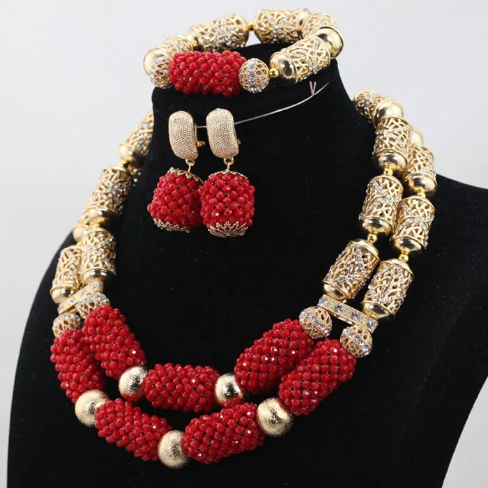 Red African Jewelry Sets Fantastic Dubai Gold Bridal Statement Necklace Set Crystal Beads Wedding Jewelry Free Shipping ABH329