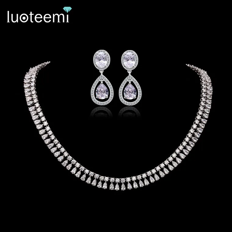 LUOTEEMI Wedding Jewelry Set  AAA Top Quality AAA Clear Cubic Zirconia Bridal Necklace Earrings Waterdrop Jewelry Women Gift