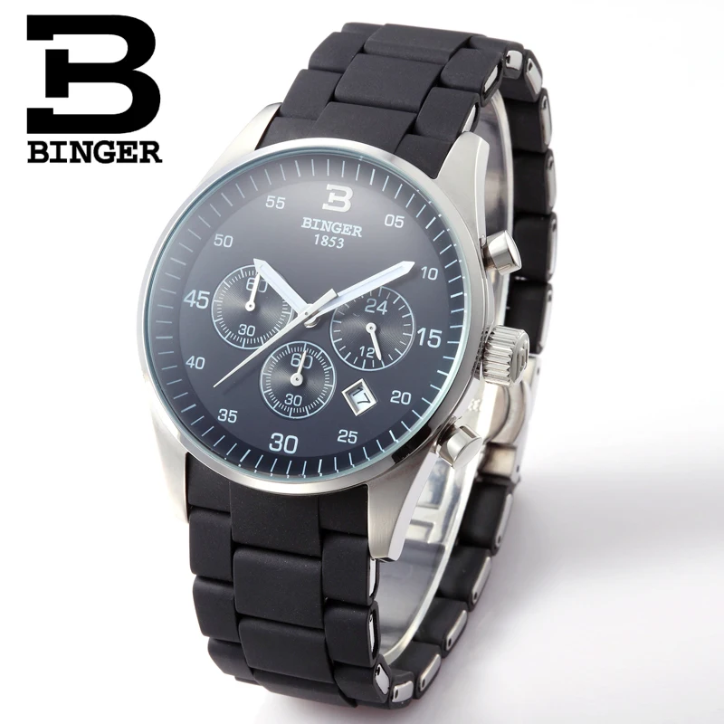 Luxury Brand Switzerland BINGER Men Stainless Steel Sapphire Luminous Gold Quartz Watches Hunter Three Eye Stopwatch waterproof