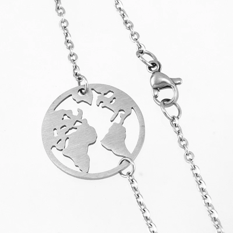 Women personalized Stainless steel world map charm matte blank Bracelet earth jewelry gift Rolo chain bracelets