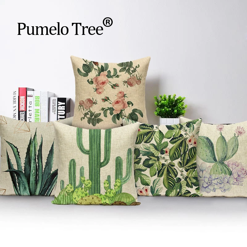 Plant cactus cushion green cushion cover decorative cushions Gift Aloe print linen  decorative cushion covers Custom