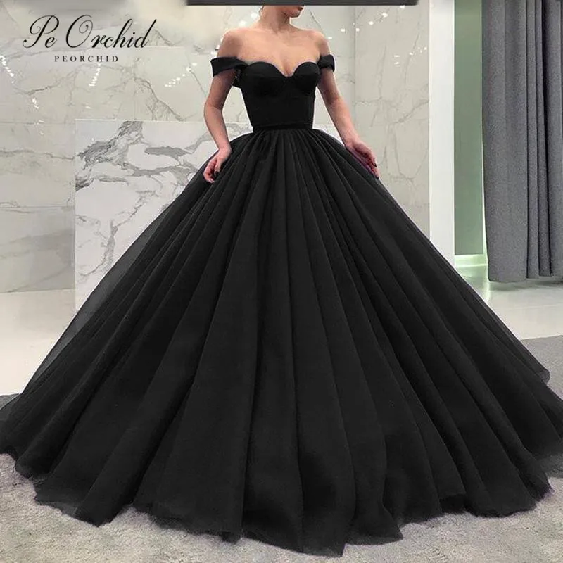 PEORCHID 2019 Black Ball Gown Prom Dresses Tulle Off Shoulder Dubai Elegant Party Gowns For Women Evening Dress Green/Royal Blue