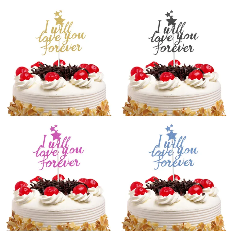 10pcs I Will Love You Forever Cake Topper Flags Gillter Xmas Cake Topper Happy Birthday Wedding Baby Shower Party Baking DIY New