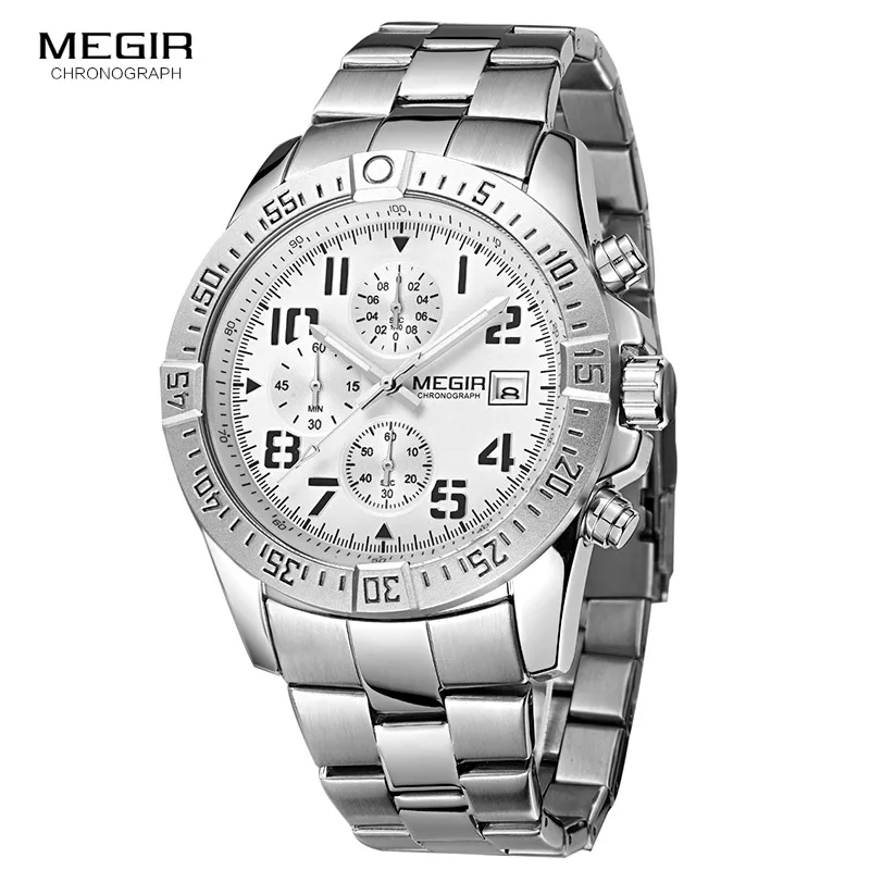 Megir Mens Chronograph Stainless Steel Quartz Watches Fashion Waterproof Luminous Round Dial Wristwatch for Man with Date M2030