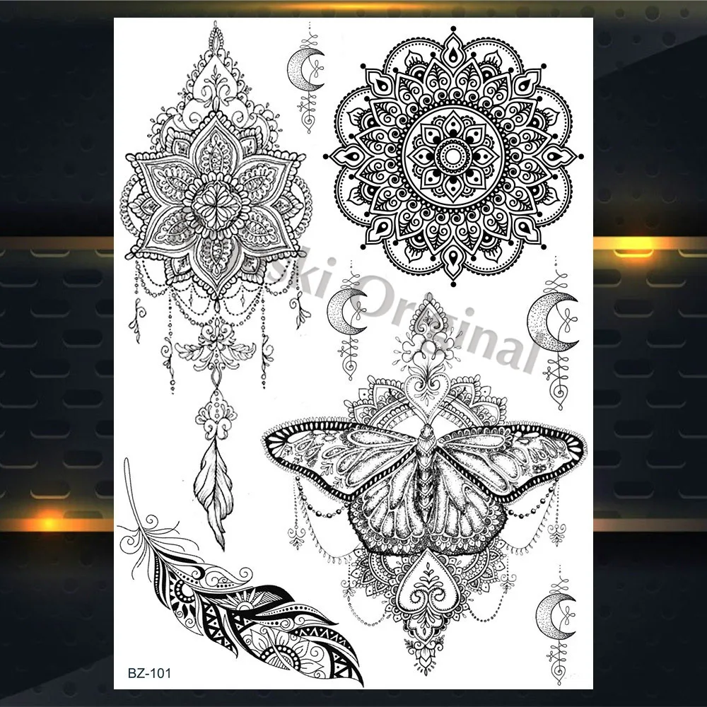 Autocollant de tatouage temporaire, 1 pièce, attrape-rêves indien, grande fleur de soleil, henné, style plume Mehndi noire, résistant à l'eau, PBJ013A