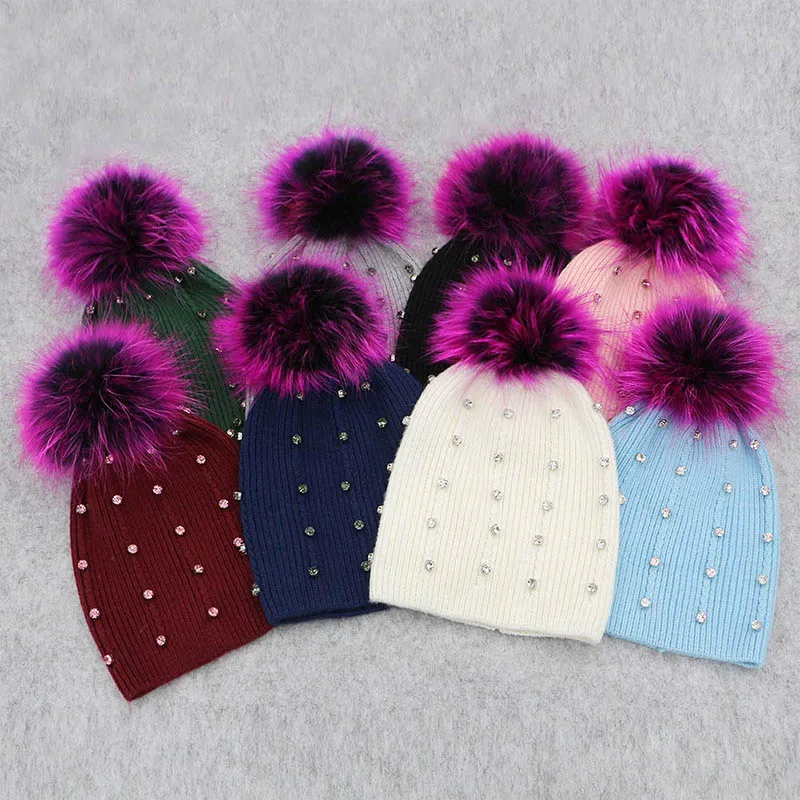 GZHILOVINGL Winter Knitted Real Fur Hat Women Thicken Beanies Hats with Big Raccoon Fur Removable Pom poms Knitting Beanie Caps