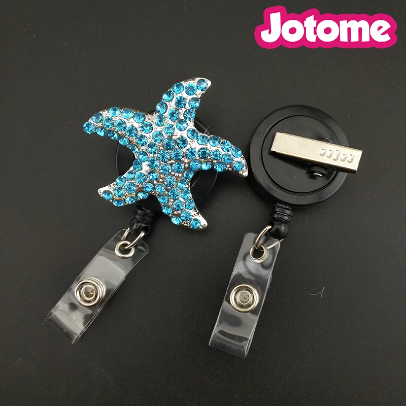 100PCS/Lot Blue Rhinestone Starfish Brooch Animal Silver Plated Nurse Retractable ID Badge Reel Holder