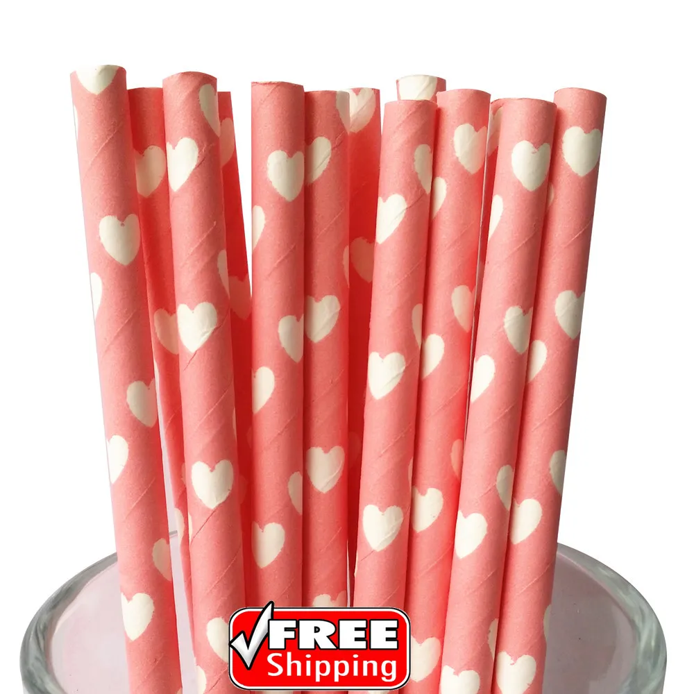 200 pcs White Hearts Light Pink Paper Straw-Light Pink and White Drinking Paper Straws-Wedding Valentine Baby Shower Party Decor