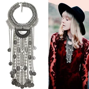 Bạc bạc Ấn Độ choor Tuyên bố cổ điển cho phụ nữ, dân tộc Boho, Maxi Gypsy Mục tiêu tuyệt vời, Trang sức Big Bib, 2024 10 Mặt dây chuyền bán hàng chính của Ấn Độ - №9