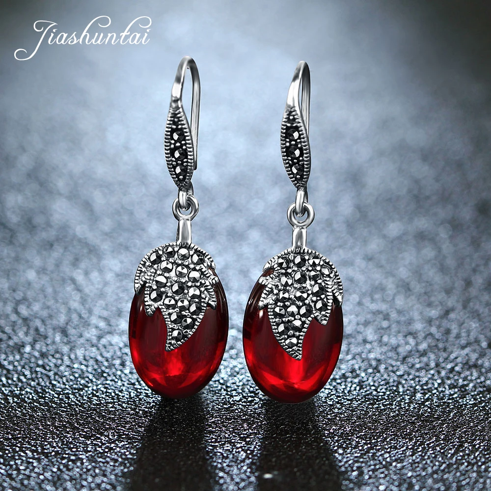 JIASHUNTAI Retro Silver Earrings Female Vintage Drop Earrings Leaf Shape 925 Sterling Silver Jewelry For Women