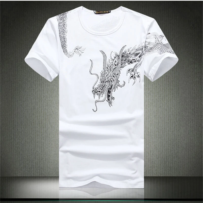 Rhinestone Dragon Totem Cotton T Shirt Men Short Sleeve Slim Fit Summer High Quality Comfortable Fashion Casual Camisetas Hombre