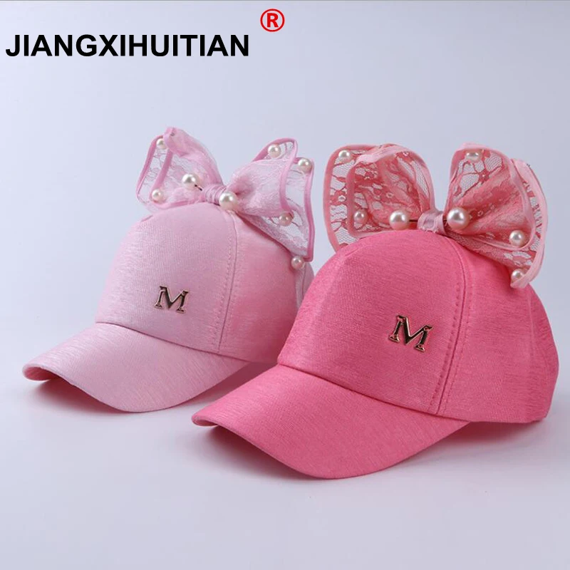 Luxury Big Bow Fashion Summer Kids Black White Pink Lace Floral ear Baseball Caps With Pearl Children Sun Hats Princess Mesh cap