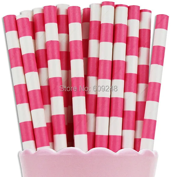 100 Pcs Pick Colors Hot Pink Ring Circle Rugby Sailor Striped Paper Straw Bulk,Disposable Biodegradable Decorative Party,Wedding