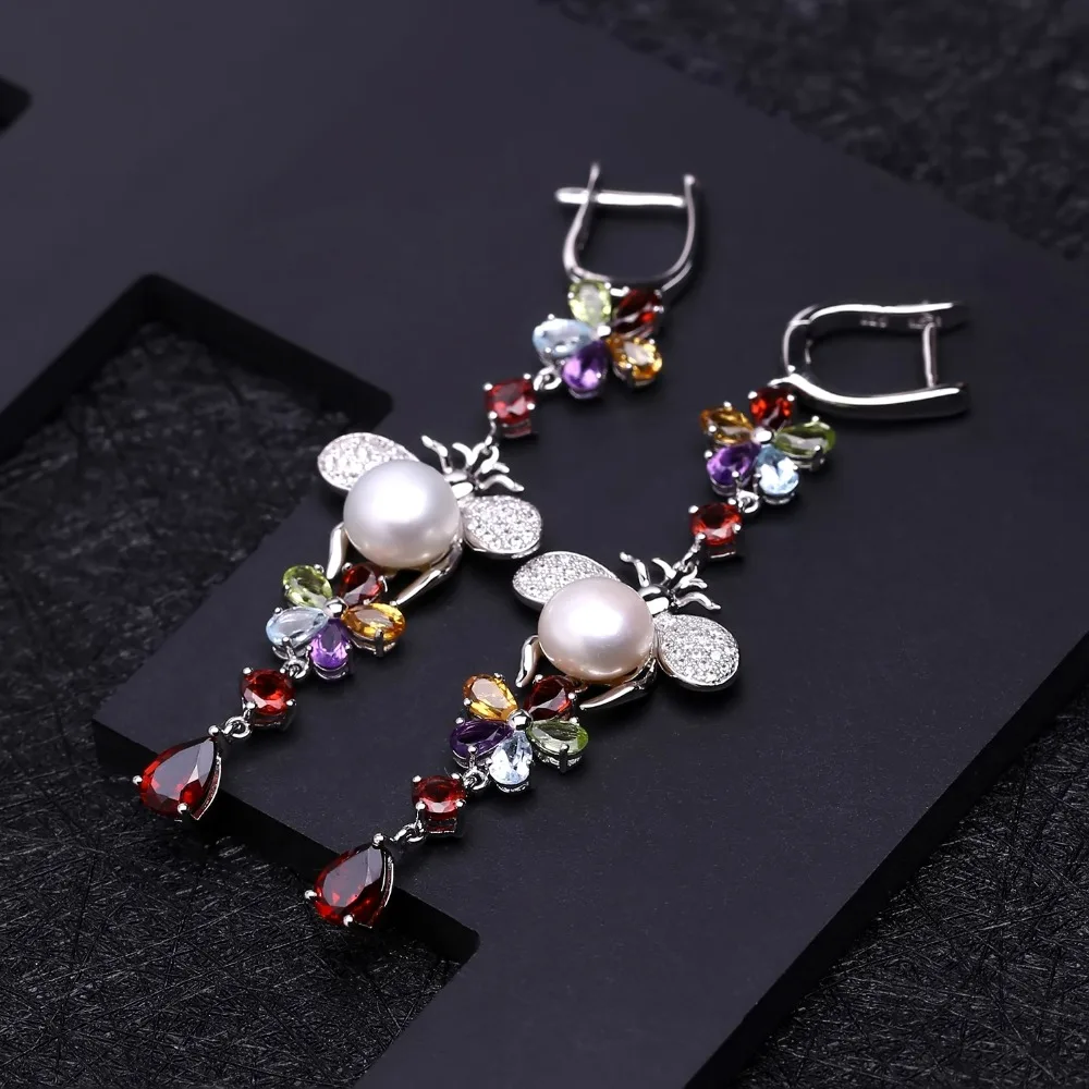 GEM\'S BALLET Natural Flower Multicolor Gemstone Earrings 925 Sterling Silver Freshwater Pearl Vintage Drop Earrings For Women
