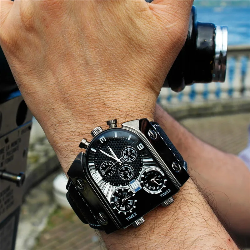Oulm-Reloj de pulsera con correa de cuero para hombre, cronógrafo de cuarzo, informal, deportivo, multihorario, militar, erkek saat, envío directo