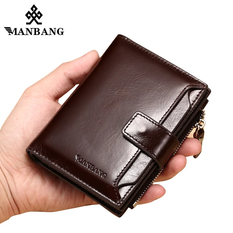 

ManBang Genuine Leather Men Wallets Fashion Trifold Wallet Zip Coin Pocket Purse Cowhide Leather man wallet high quality