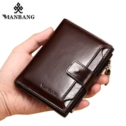 ManBang-billeteras de cuero genuino para hombre, cartera triple con cremallera, monedero de cuero de vaca, alta calidad