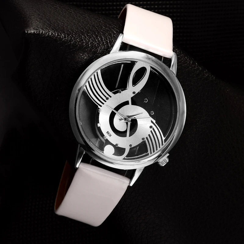 Music Shape Watch Round Dial Elegant Black White Leather Casual Watches Hollow Style Women Fashion Wristwatch