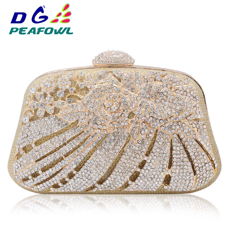 

New Style Metallic Hollow Out Crystal Floral Women Evening Clutch Bag Bridal Wedding Rhinestones Knucklebox Purse Handbag